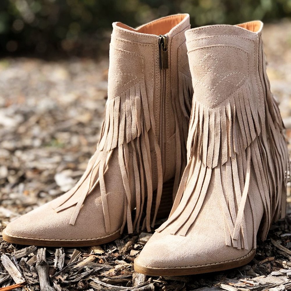 NEW Fringe Tassel Faux Suede Pointy Toe Block Heel Western Booties Boots Taupe - Picture 3 of 14